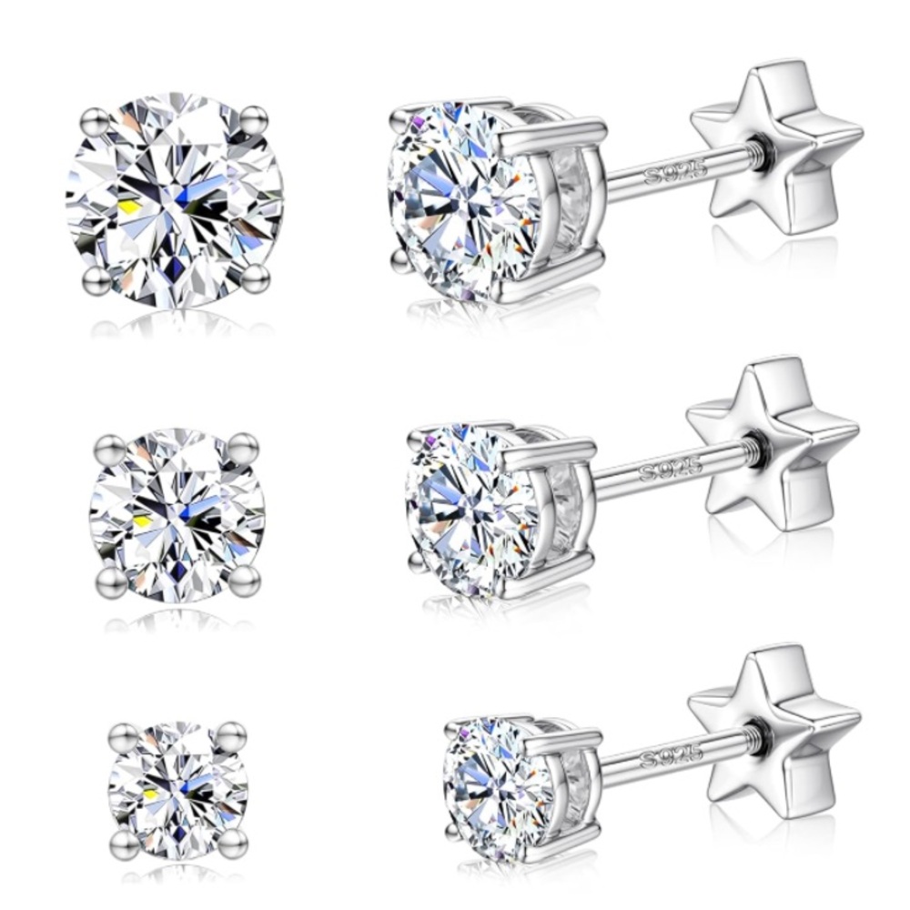 3 Pairs Certified Moissanite Solid 925 Sterling Silver Star Screw Back Earrings